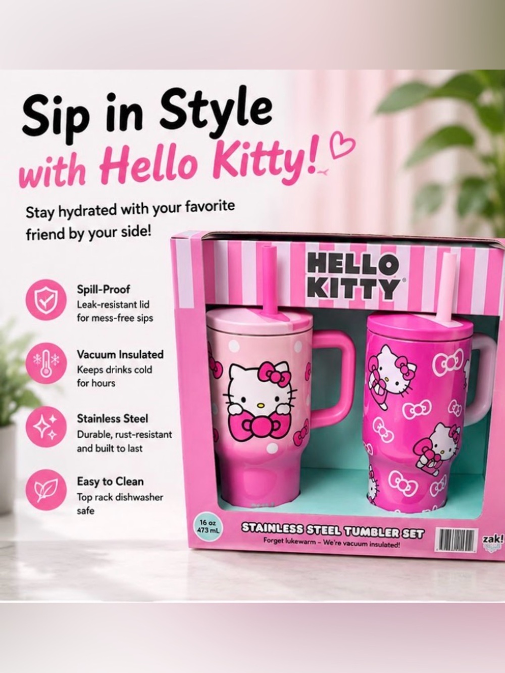 Hello Kitty Pink Tumbler Set with Straws NWT